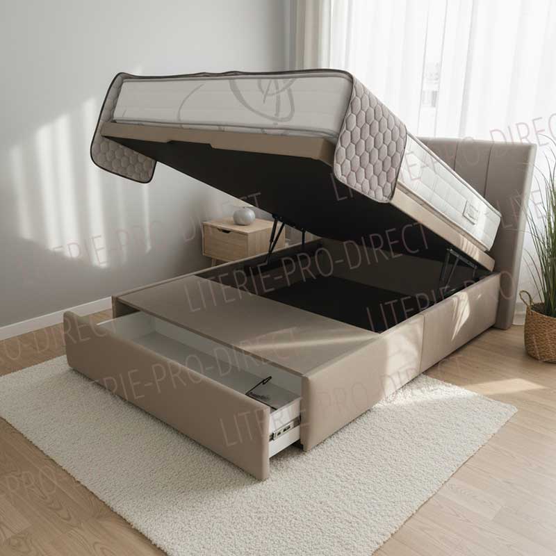 Lit coffre avec sommier tapissier et tiroir de rangement
